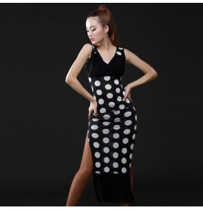 Black red leopard white polka dot  v neck long fringes side split  sleeveless women's ladies female performance competition latin salsa cha cha samba dancing dresses sets